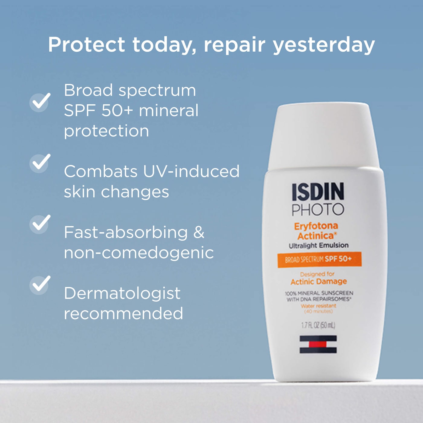 ISDIN Eryfotona Actinica Ultralight Protector solar mineral resistente al agua que no obstruye los poros SPF 50+ con vitamina E