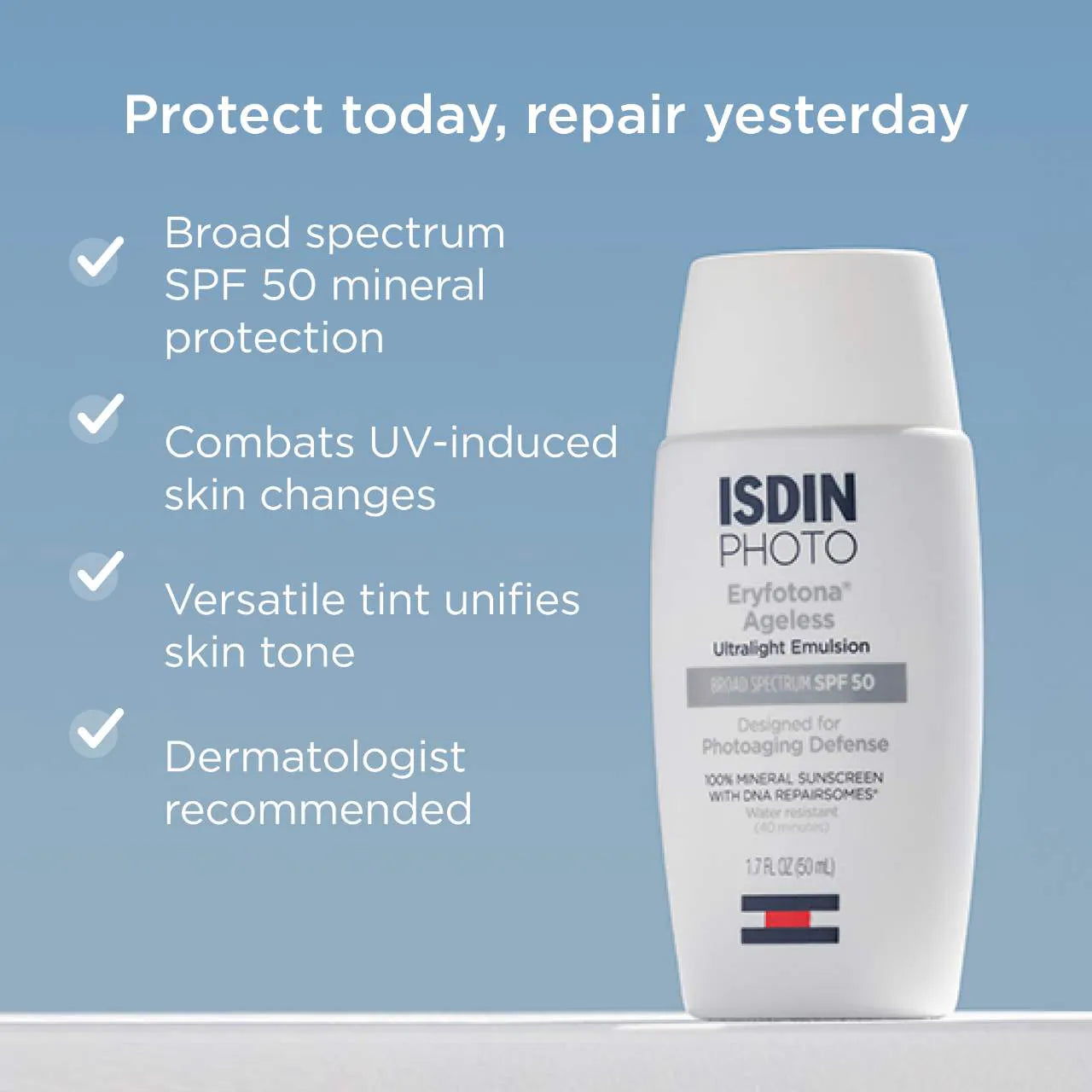 ISDIN Eryfotona Ageless Ultralight Tinted Mineral Sunscreen SPF 50 to even tone and fight photoaging with Peptides and Vitamin E 50