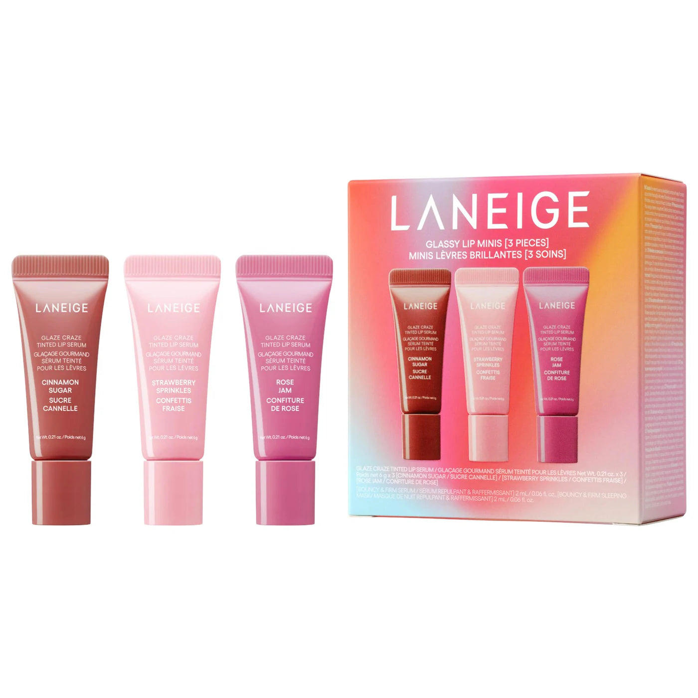 LANEIGE  Glassy Lip Minis 3 Pc. Glaze Craze Tinted Peptide Lip Serum Gift Set